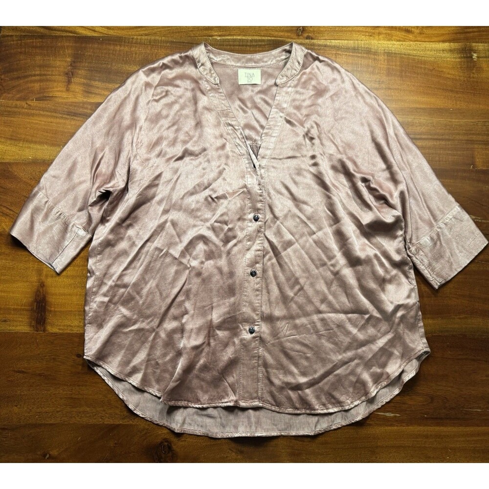 Tina Jo Women Small Mauve Pink Silky Satin Button Front Oversized Blouse Top USA